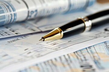 Signing a Personal Check with a Pen and Bank Statements