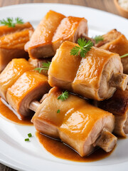 Close-up of cooked pig's trotters on white plate.