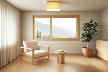 Cozy modern living room with natural light and minimalist decor in tranquil setting