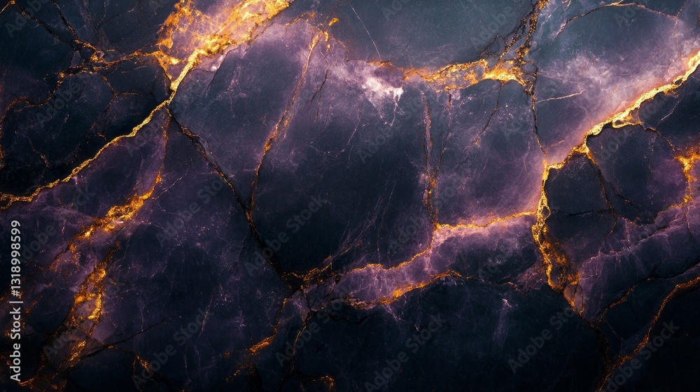 Poster a striking display of dark marble featuring vibrant purple tones intertwined with luminous golden ve