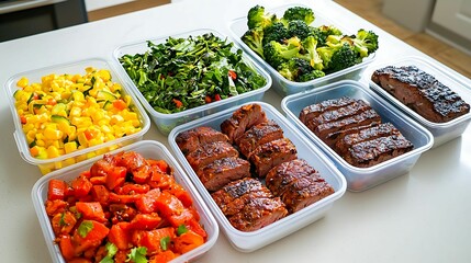 A variety of healthy meal prep containers filled with colorful vegetables, fruits, and protein-rich foods arranged neatly on a kitchen countertop.