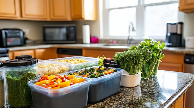 A vibrant kitchen scene showcasing colorful meal prep ingredients in containers, highlighting fresh vegetables and herbs on a granite countertop.