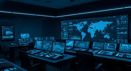 Advanced cyber security control room filled with high tech surveillance displays and data monitoring systems.