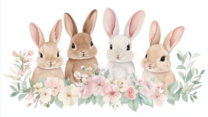 Obraz premium Adorable Watercolor Bunnies Surrounded by Delicate Spring Blossoms Easter Rabbit Illustration