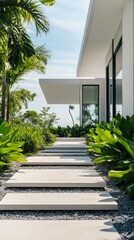 Fototapeta premium Modern Luxury Home Entrance with Clean Lines, Surrounded by Greenery, Under a Clear Blue Sky, Minimalistic and Serene Design. 