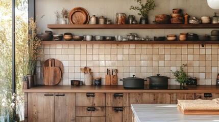 Sunlight filters through large windows, illuminating a rustic kitchen adorned with wooden shelves, handmade pottery, and fresh herbs. A cozy atmosphere invites culinary exploration