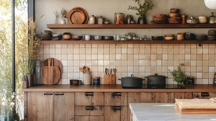 Sunlight filters through large windows, illuminating a rustic kitchen adorned with wooden shelves, handmade pottery, and fresh herbs. A cozy atmosphere invites culinary exploration © liliyabatyrova
