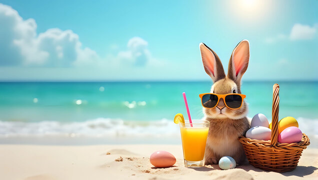 Potrait of relaxed easter-themed beach scene with cute bunny wearing sunglasses beside basket filled of colorful Easter eggs with copy space, perfect for spring or Easter celebration by the sea
