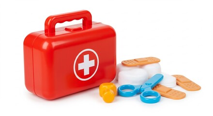 Brightly lit red plastic toy first aid kit neatly displays bandages and scissors. AI Generated