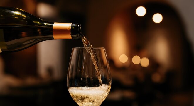 Wine being poured into glass with warm, ambient background