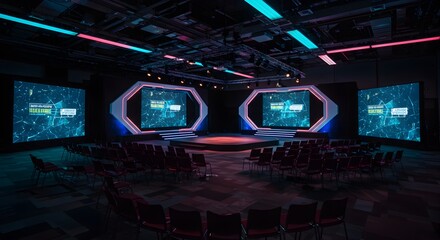 A convention center stage with two octagonal platforms and large screens ready for a technology or business presentation.