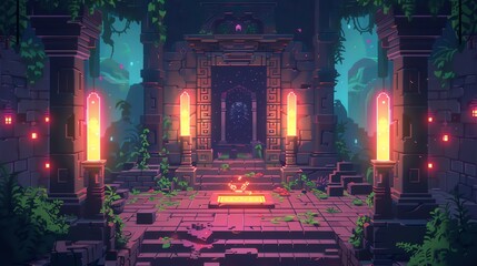 A pixel art illustration of a jungle temple with glowing lights.