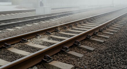 Fototapeta premium Railway tracks vanishing into fog, representing transportation and travel