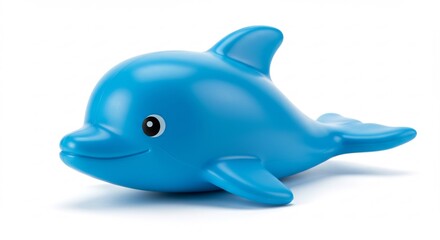 Fototapeta premium Smiling blue dolphin toy playfully poses against bright white background. AI Generated