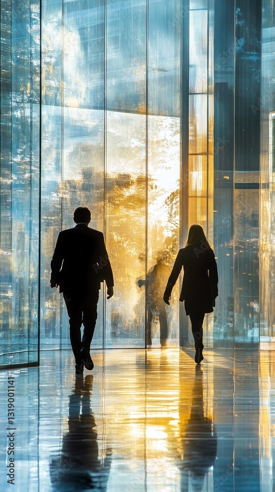 Aufkleber two silhouettes in formal attire stroll through a contemporary glass structure as colorful reflectio