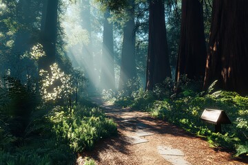 Winding Trail Through Redwoods With Sunlight Filtering In