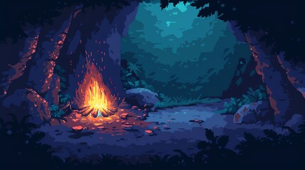 A pixel art scene of a campfire in a forest at night.