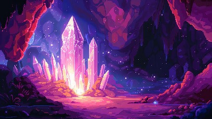 Fototapeta premium A pixel art scene of a mystical cave with glowing crystals.