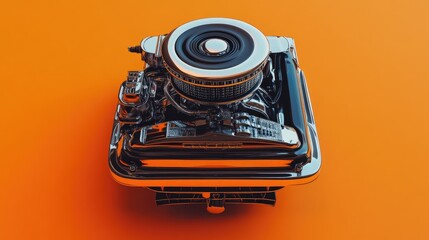 Fototapeta premium A chrome-finished car engine placed on a striking orange background, emphasizing its sleek design