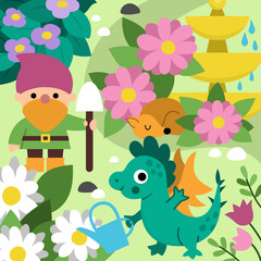 Fototapeta premium Vector square fairyland background with garden gnome, flowers, dragon, sleeping fox, fountain. Magic land landscape. Woodland scenery. Fantasy forest scene illustration. Fairytale picture