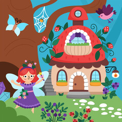 Vector square fairyland background with berry fairy, strawberry house, tree. Magic land landscape. Woodland scenery with cute princess. Fantasy forest scene illustration. Fairytale picture