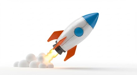 Brightly colored rocket swiftly ascends against stark white background leaving vapor trail. AI Generated