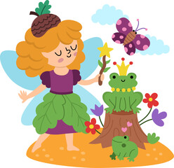 Vector scene with acorn fairy, frog prince, butterfly. Funny composition with little girl. Cute scenery with magic princess with wings, meadow. Fantasy scene illustration. Fairytale picture for kid