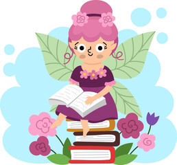 Vector scene with flower fairy sitting on book pile, reading. Funny composition with little girl. Cute scenery with magic princess with wings. Fantasy scene illustration. Fairytale picture for kid