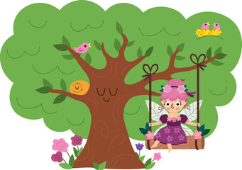 Vector scene with flower fairy on swing, big tree, birds. Funny composition with little girl. Cute scenery with magic princess with wings, meadow. Fantasy scene illustration. Fairytale picture for kid