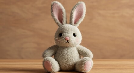 Obraz premium Soft grey plush bunny sits calmly bathed in warm light. AI Generated