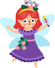 Vector berry fairy icon isolated on white background. Cute little girl with wings. Woodland princess clipart. Fantasy forest fay illustration. Magic fairytale creature in purple dress with strawberry