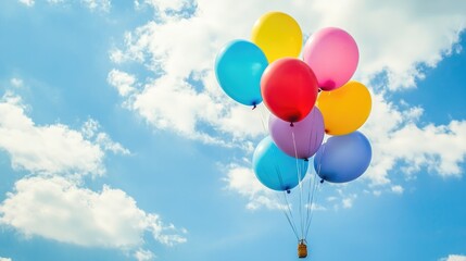 A cluster of colorful helium balloons floating high against a bright blue sky with fluffy white clouds