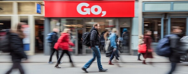 Obraz premium Pedestrians walking past a store with red signage on a city street