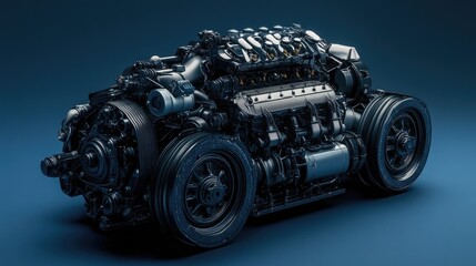 A complex supercharger engine with exposed mechanical parts, displayed on a midnight blue background