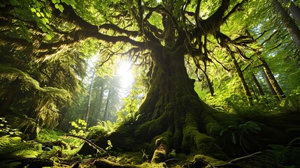 Ancient tree in enchanted forest illuminated by sunlight