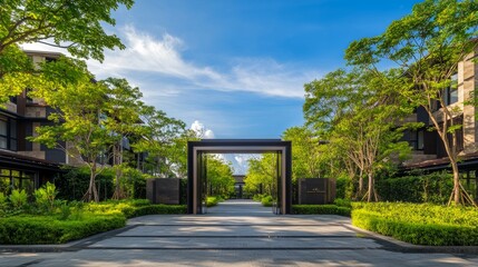 Naklejka premium Modern Luxury Home Entrance with Clean Lines, Surrounded by Greenery, Under a Clear Blue Sky, Minimalistic and Serene Design. 