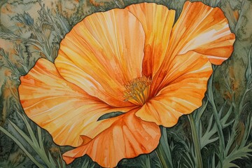 Vibrant Orange Poppy Flower in Bloom with Detailed Watercolor Artwork