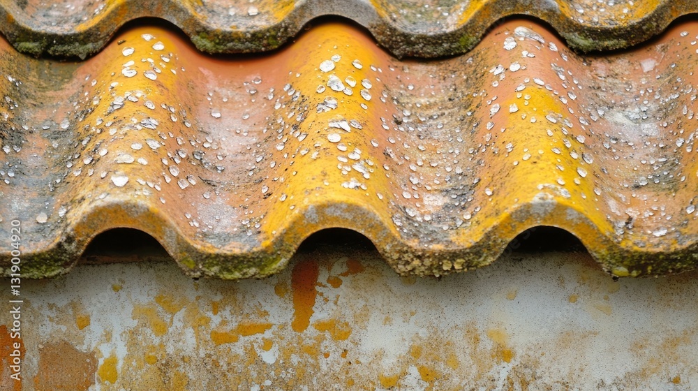 Poster Old roof tiles in a vibrant orange hue catch droplets of water, revealing a rich texture and character. The rustic backdrop adds depth to this captivating scene of aged architecture