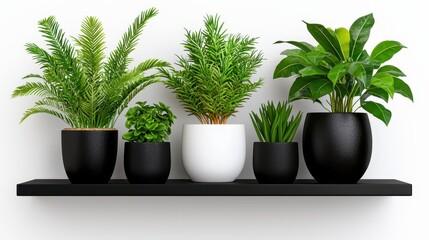 Fototapeta premium Lush Green Indoor Plants in Modern Black and White Planters on Shelf