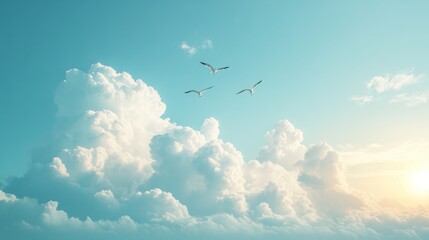 Obraz premium Peaceful midday sky, soft fluffy clouds, a group of birds flying calmly above 