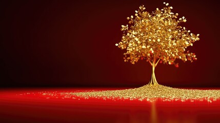 A golden business tree with a metallic finish on a dark red gradient background