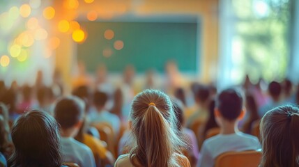 A nostalgic classroom scene of children at a performance, ideal for school events, open house promotions, or educational campaigns in warm pastel tones.