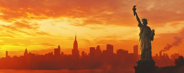 Statue of Liberty with cityscape silhouetted against vibrant sunset