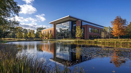Fototapeta premium Modern Brick Office Building with Pond Reflection Autumn Landscape