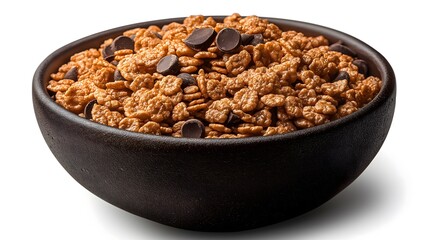 Chocolate cereal flakes in black ceramic bowl isolated on white