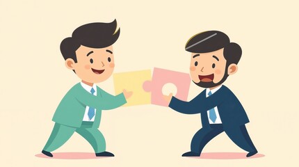 Business concept. People connect puzzle elements. Flat illustration in flat design style. Teamwork, partnership. Businessmen working together and moving towards success