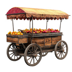 A vintage fruit cart displaying a variety of apples and oranges under a canopy.