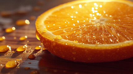 A freshly cut round orange slice with juicy details and tiny droplets of moisture.