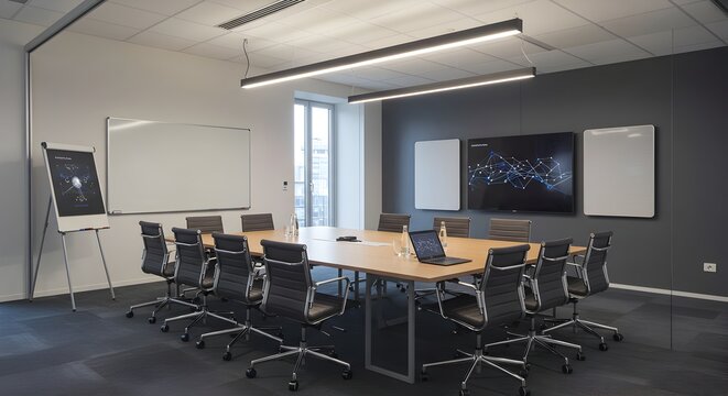 Bright conference room with a long table surrounded by office chairs near a whiteboard and monitor showcasing data connections