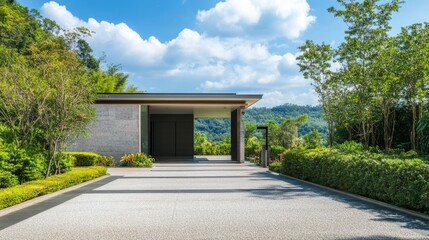 Fototapeta premium Modern Luxury Home Entrance with Clean Lines, Surrounded by Greenery, Under a Clear Blue Sky, Minimalistic and Serene Design. 